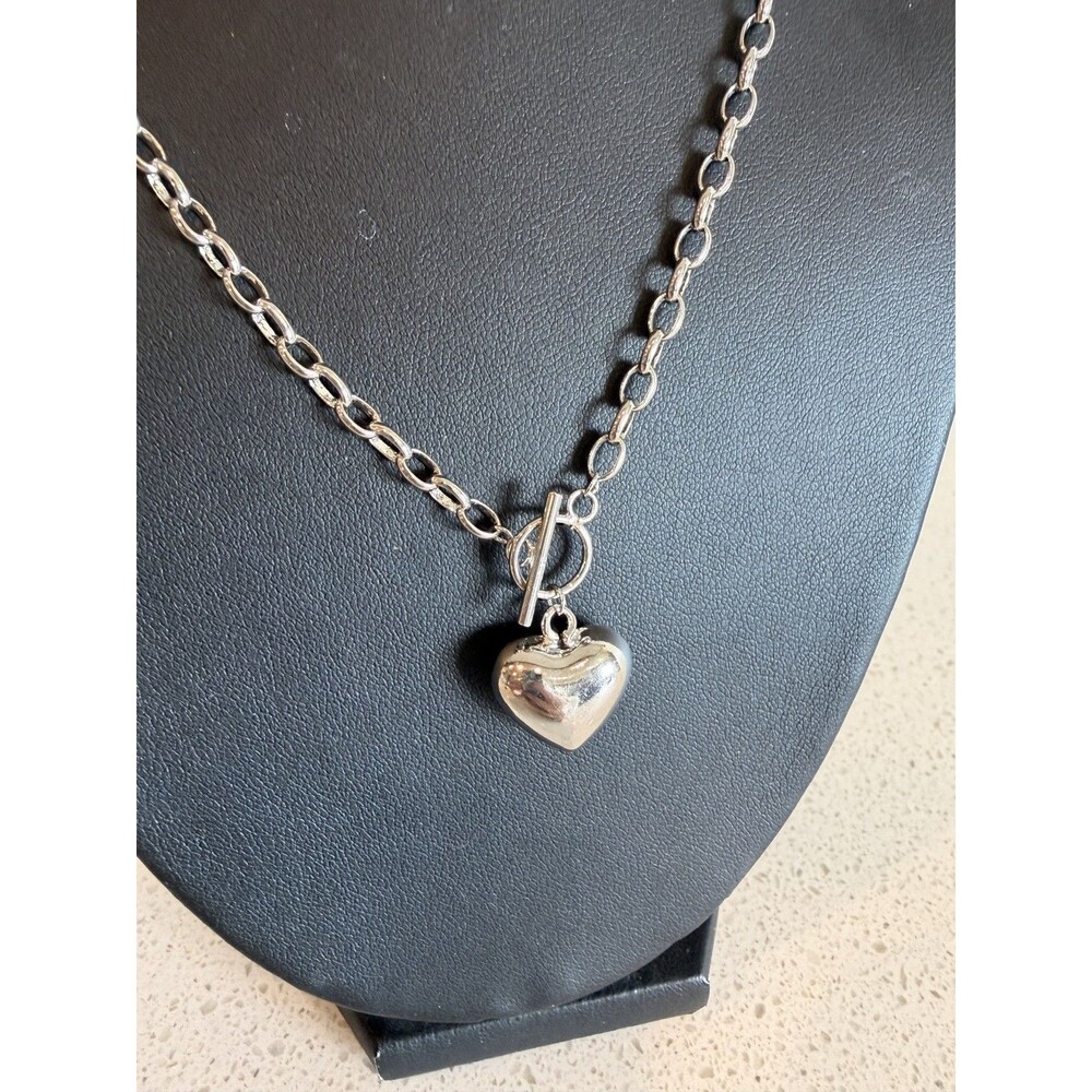 925 Sterling Silver Heart Toggle Necklace 18” Heavy Link Chain Pendant